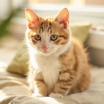 Orange tabby cat sitting on cushion in cozy home setting
