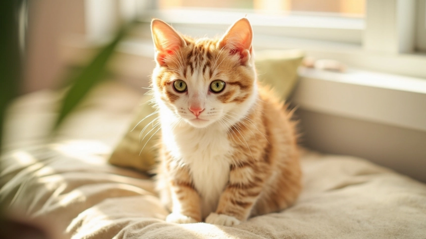 Orange tabby cat sitting on cushion in cozy home setting
