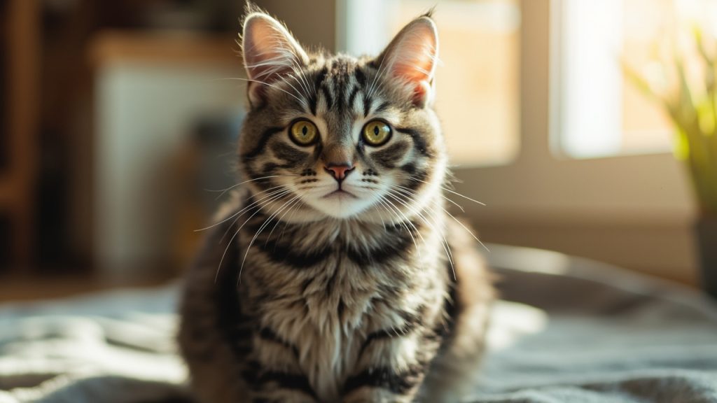 Healthy gray tabby cat with bright eyes sitting in cozy home setting
