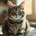 Healthy gray tabby cat with bright eyes sitting in cozy home setting