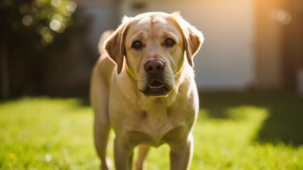 Brown Labrador Retriever standing in bright grassy backyard
