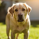 Brown Labrador Retriever standing in bright grassy backyard