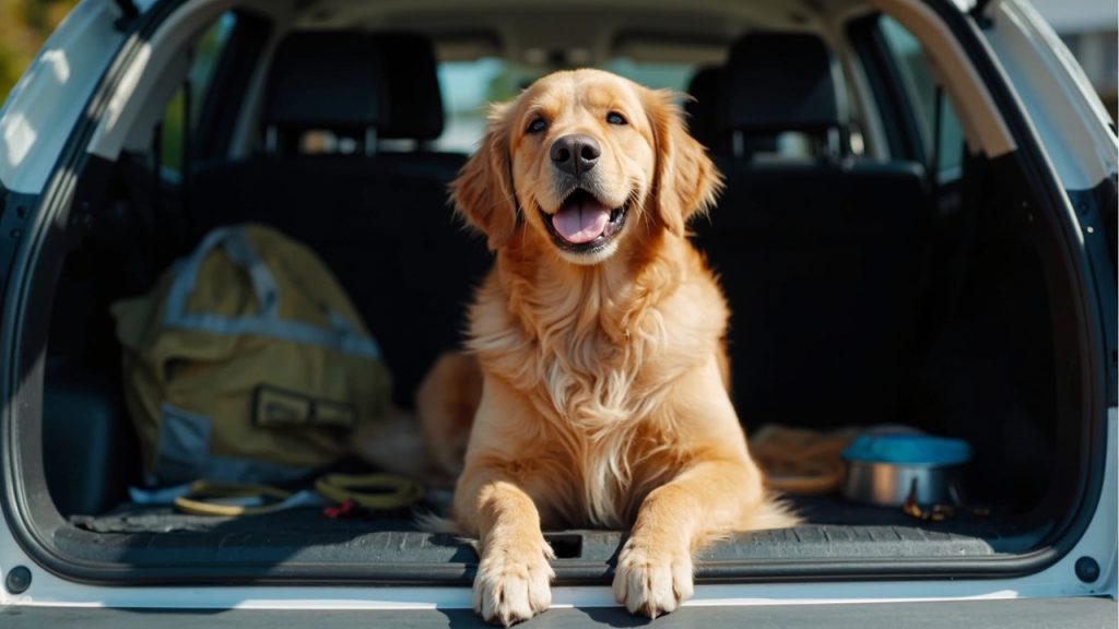 Golden retriever sitting in open car trunk with travel supplies