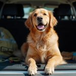 Golden retriever sitting in open car trunk with travel supplies