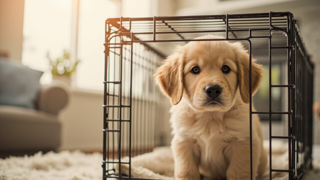 Young golden retriever puppy sitting calmly in open wire crate in bright living room