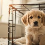 Young golden retriever puppy sitting calmly in open wire crate in bright living room