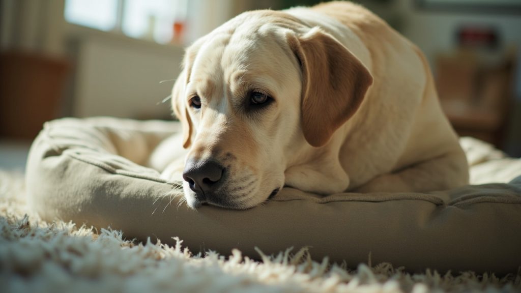 Golden retriever dog lying relaxed on comfortable bed in bright living room