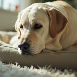 Golden retriever dog lying relaxed on comfortable bed in bright living room